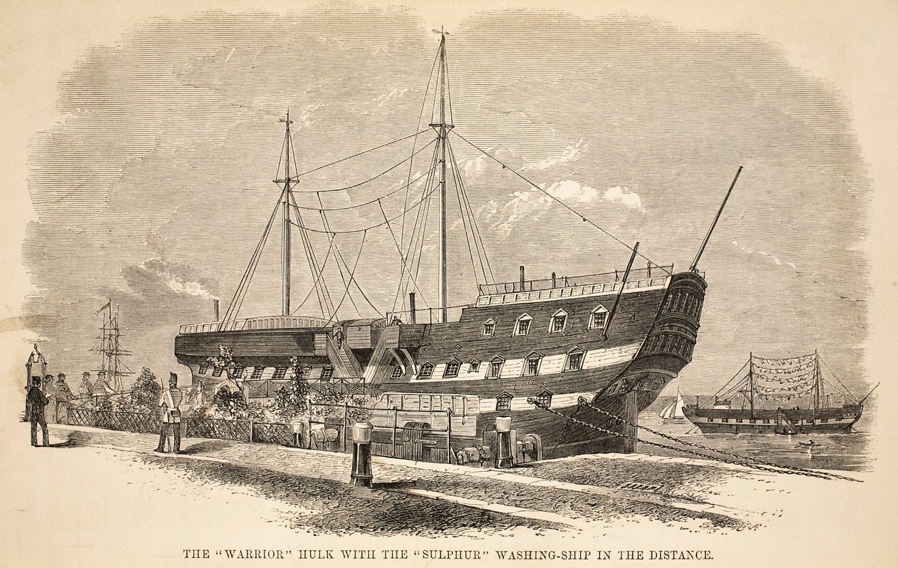 The Warrior hulk med svavelvaskningsskeppet i fjärran, illustration från The Criminal Prisons of London och Scenes from Prison Life av Henry Mayhew och John Binny, pub. 1862 av English School