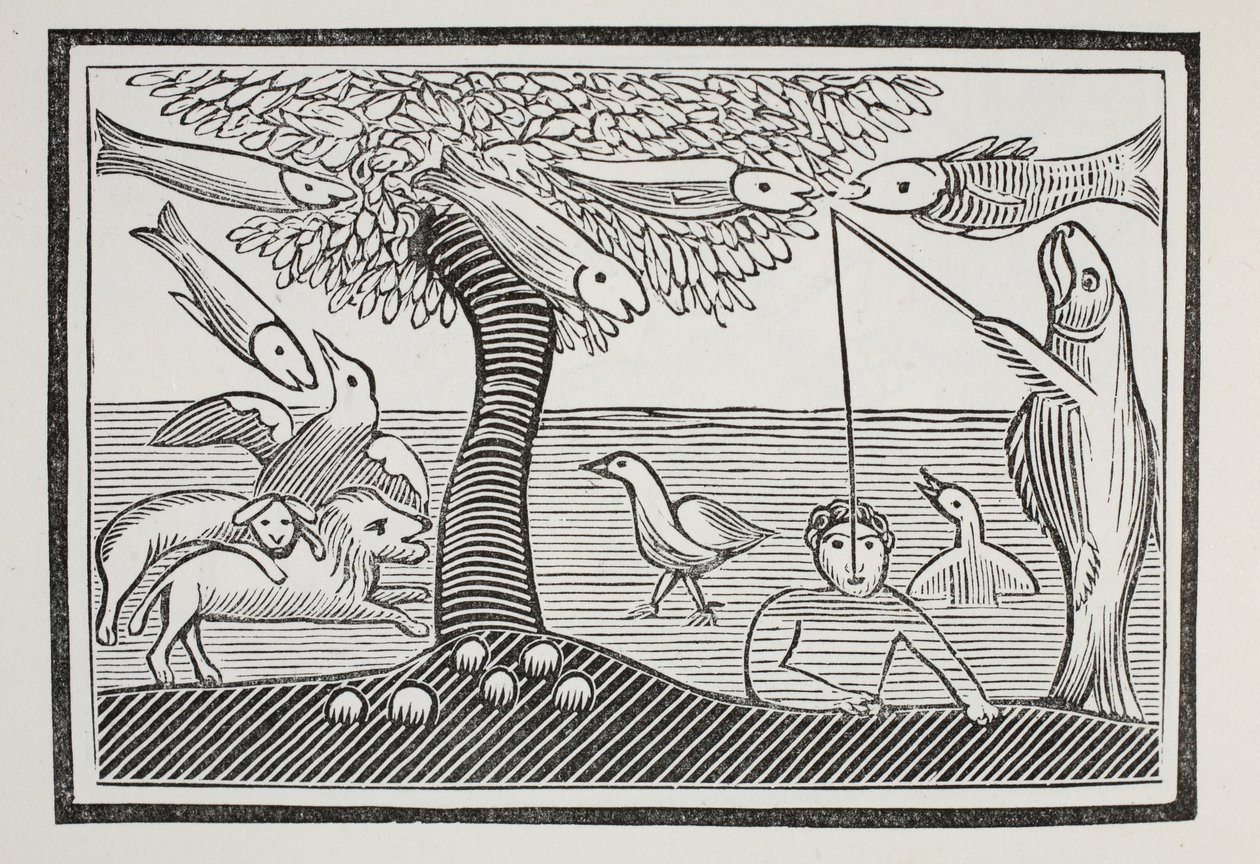 Vattenundret, eller Skapelsens fiskherrar, illustration från Chap-books of the artonde århundrade av John Ashton, pub. 1882 av English School