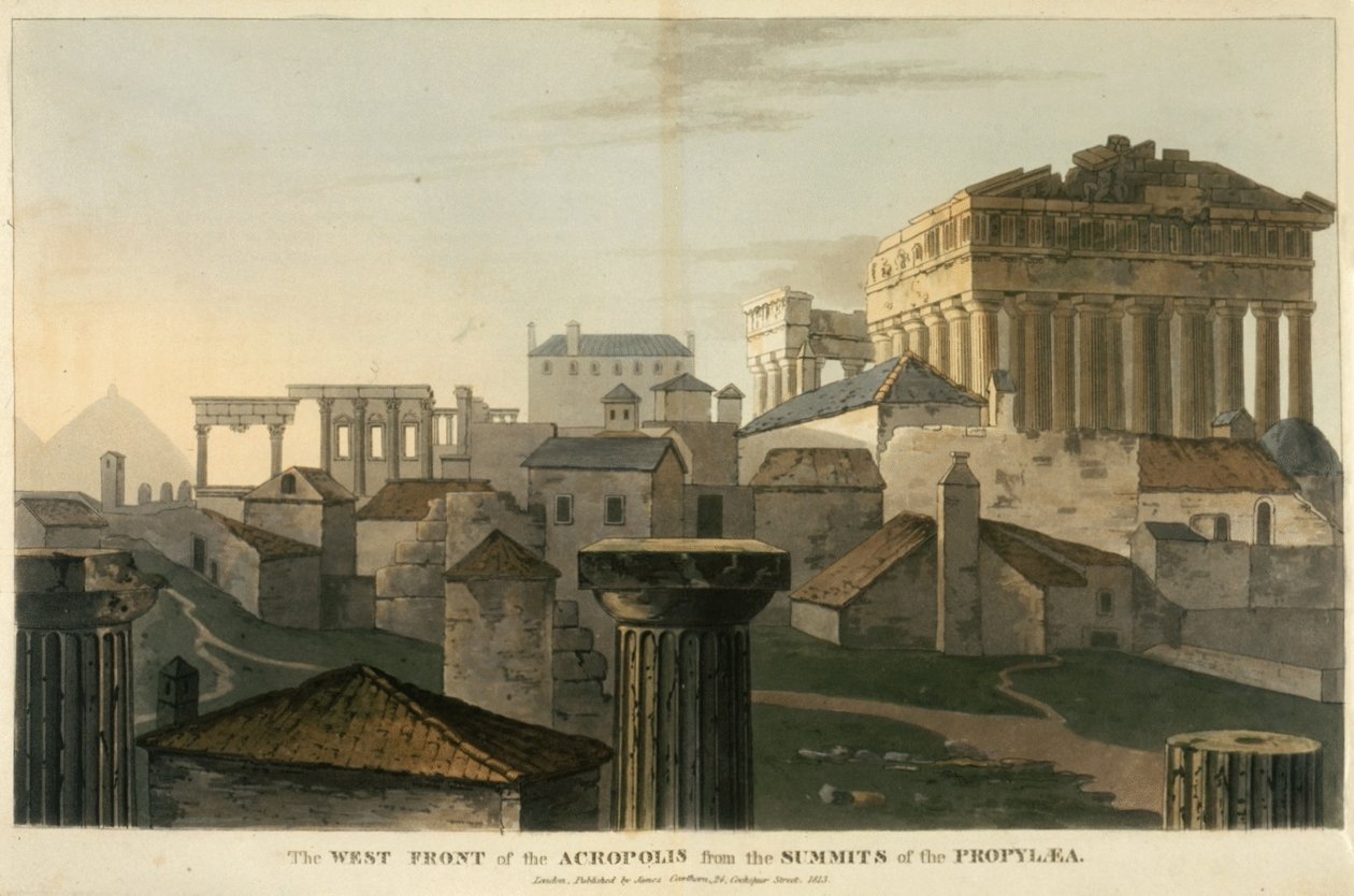 Akropolis västfront från toppen av Propylea, illustration från "En resa genom Albanien och andra provinser... till Konstantinopel, under åren 1809-1810" av J.C. Hobhouse av English School