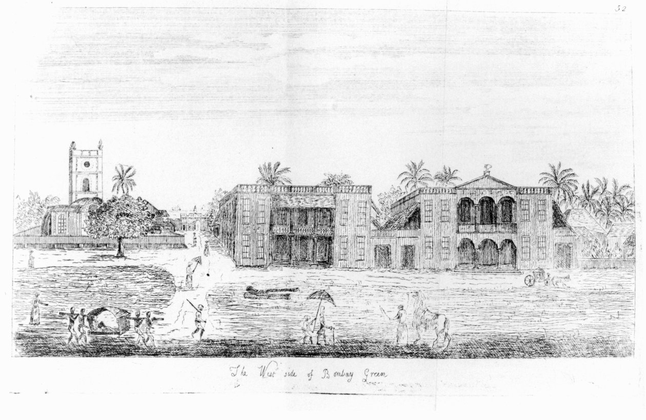The West Side of Bombay Green, Indien, från Voyage to the East Indies av John Henry Grose, 2:a upplagan, 1766 av English School