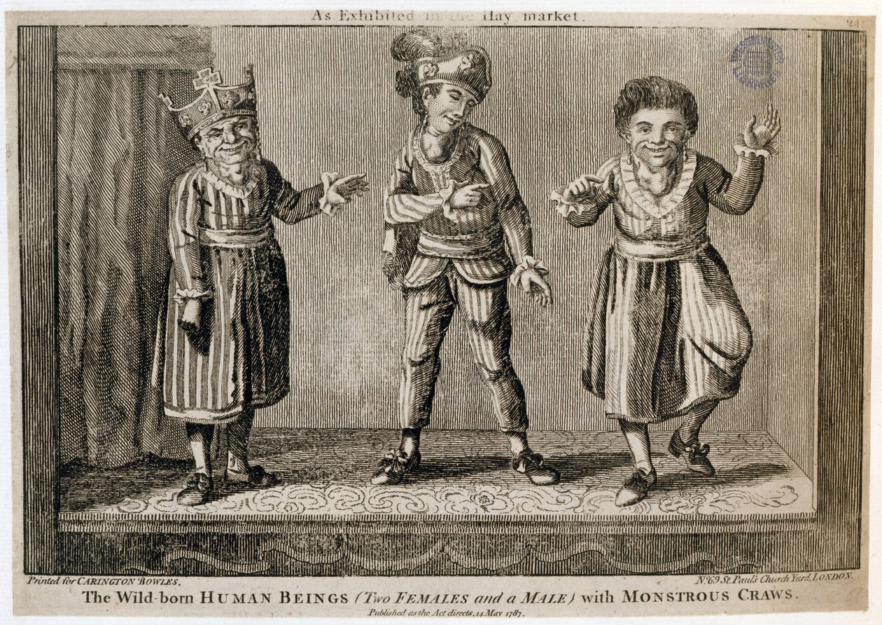 De vildfödda mänskliga varelserna (två honor och en hane) med monstruösa krabbor, utställda på Haymarket, tryckta för Carington Bowles, 1787 av English School