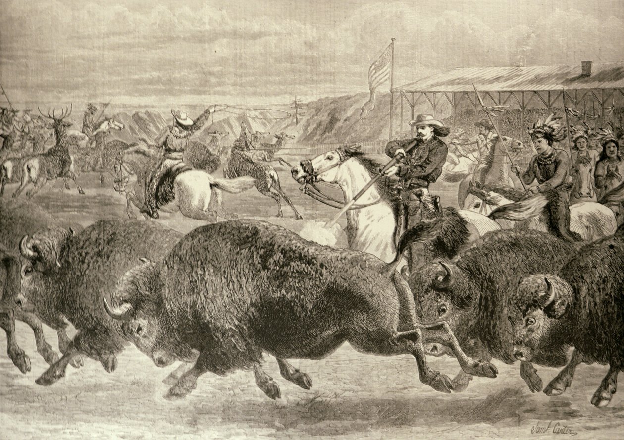 "The Wild West" på den stora amerikanska utställningen: Hunting Bison and Wapiti Deer, från "The Illustrated London News", 18 juni 1887 av English School