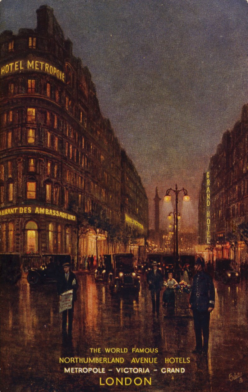 De världsberömda hotellen på Northumberland Avenue, Metropole, Victoria, Grand, London (färglitografi) av English School