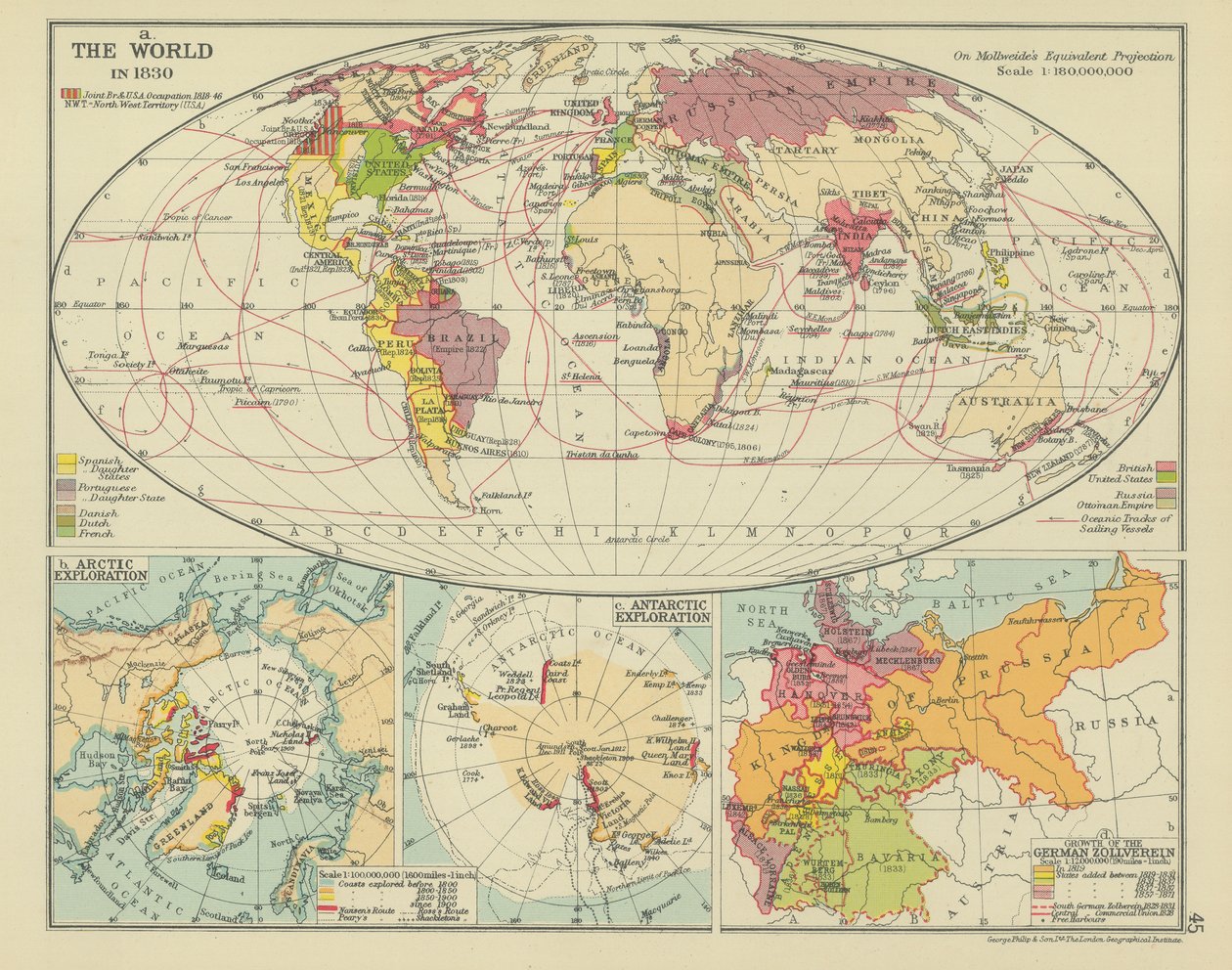 Världen år 1830 (färglitografi) av English School