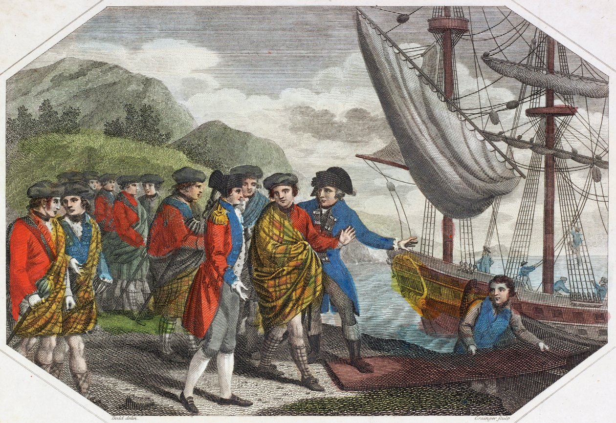 The Young Pretender efter sitt nederlag vid Culloden på väg till Frankrike (färgad gravyr) av English School