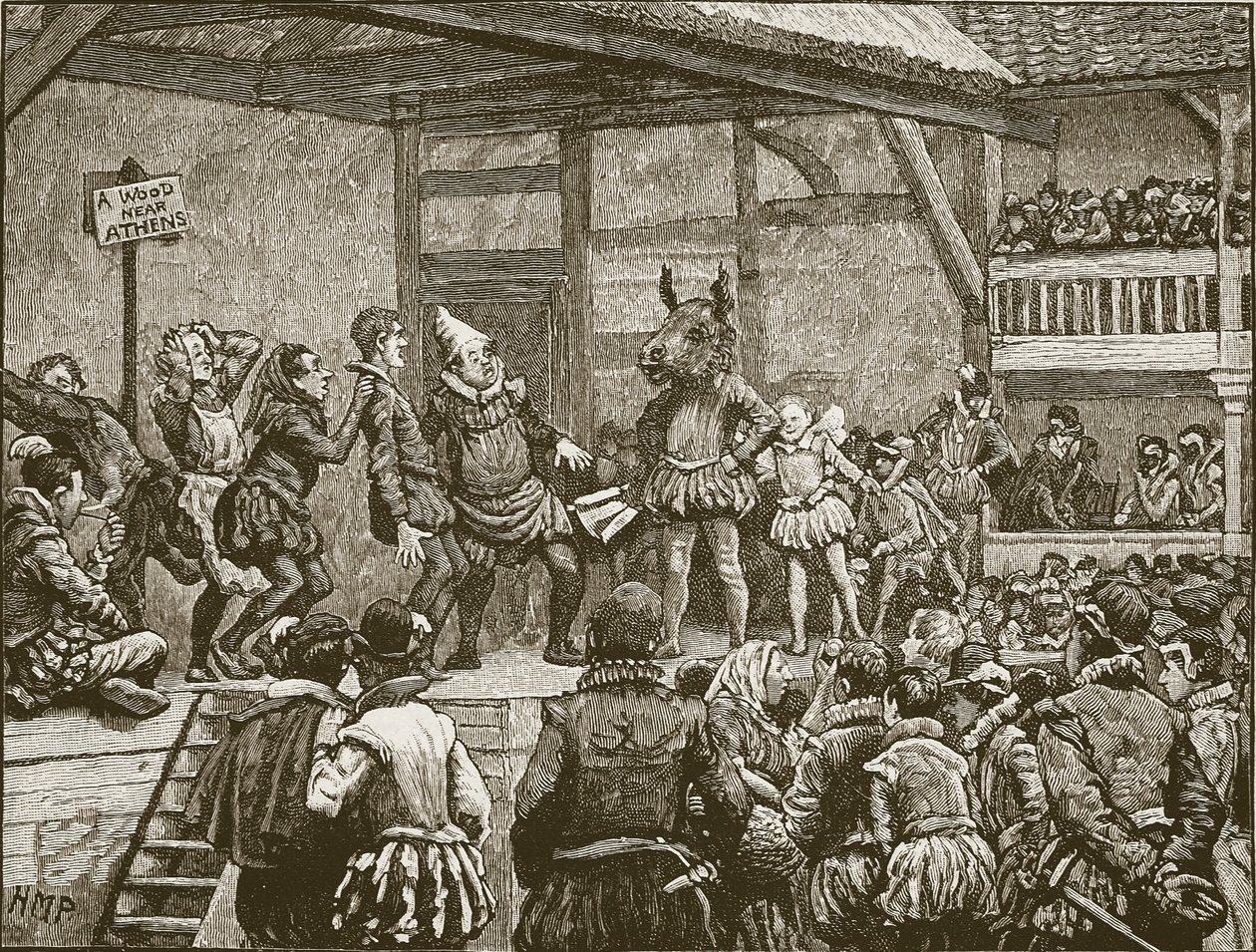 Skådespeleriet i en av Shakespeares pjäser på drottning Elizabeths tid, illustration från Cassells Illustrated History of England (sepiafoto) av English School