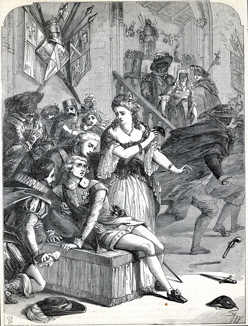 The assassination of Gustavus III by Jackob Johan Anckarström at a masked ball, Stockholm, Sweden,1792 (engraving) av English School