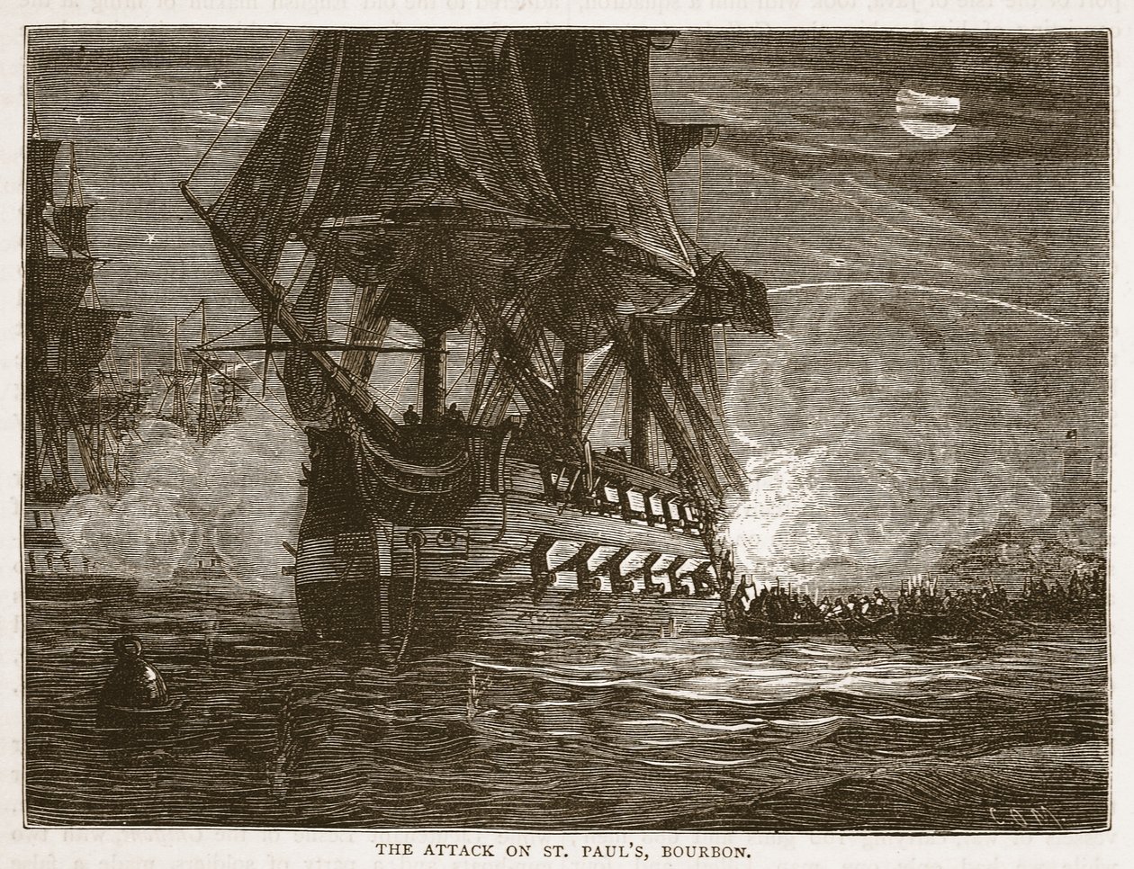 Attacken på St Pauls, Bourbon, illustration från Cassells Illustrated History of India av James Grant, pub. 1879 av English School