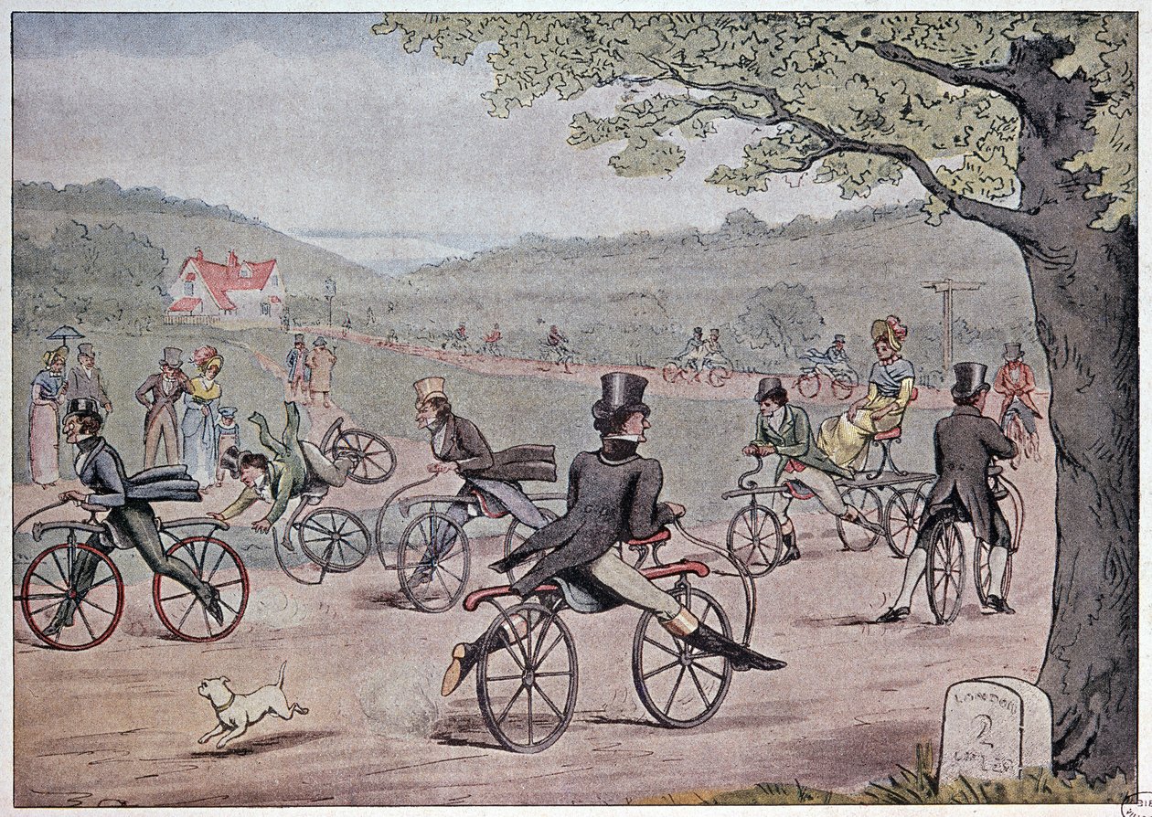 Cykeln 1819 - från ett engelskt tryck från tiden av English School