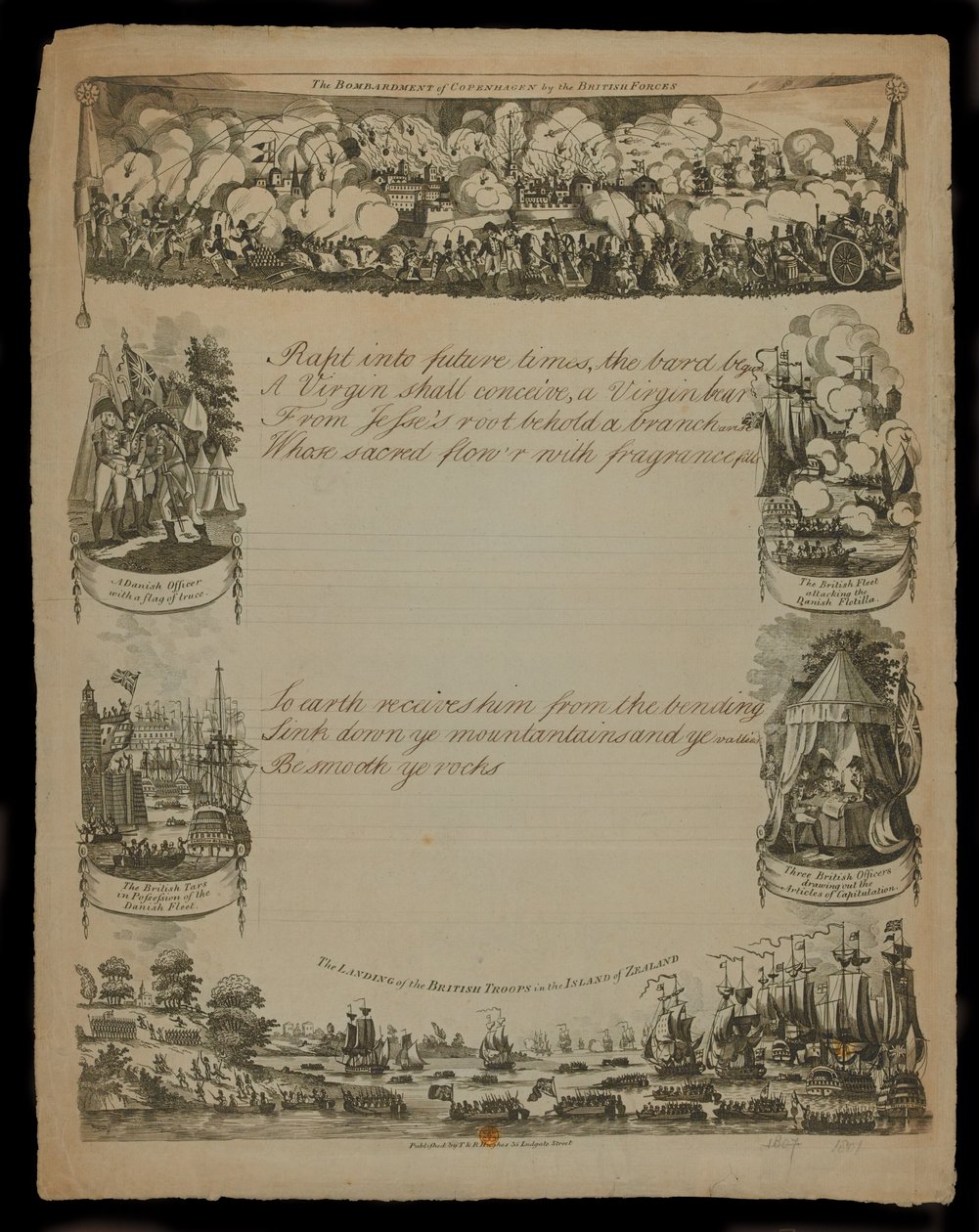 De brittiska styrkornas bombardemang av Köpenhamn och The landing of the British Forces in the Island of Zealand, publicerad av T. och R. Hughes 1807 av English School
