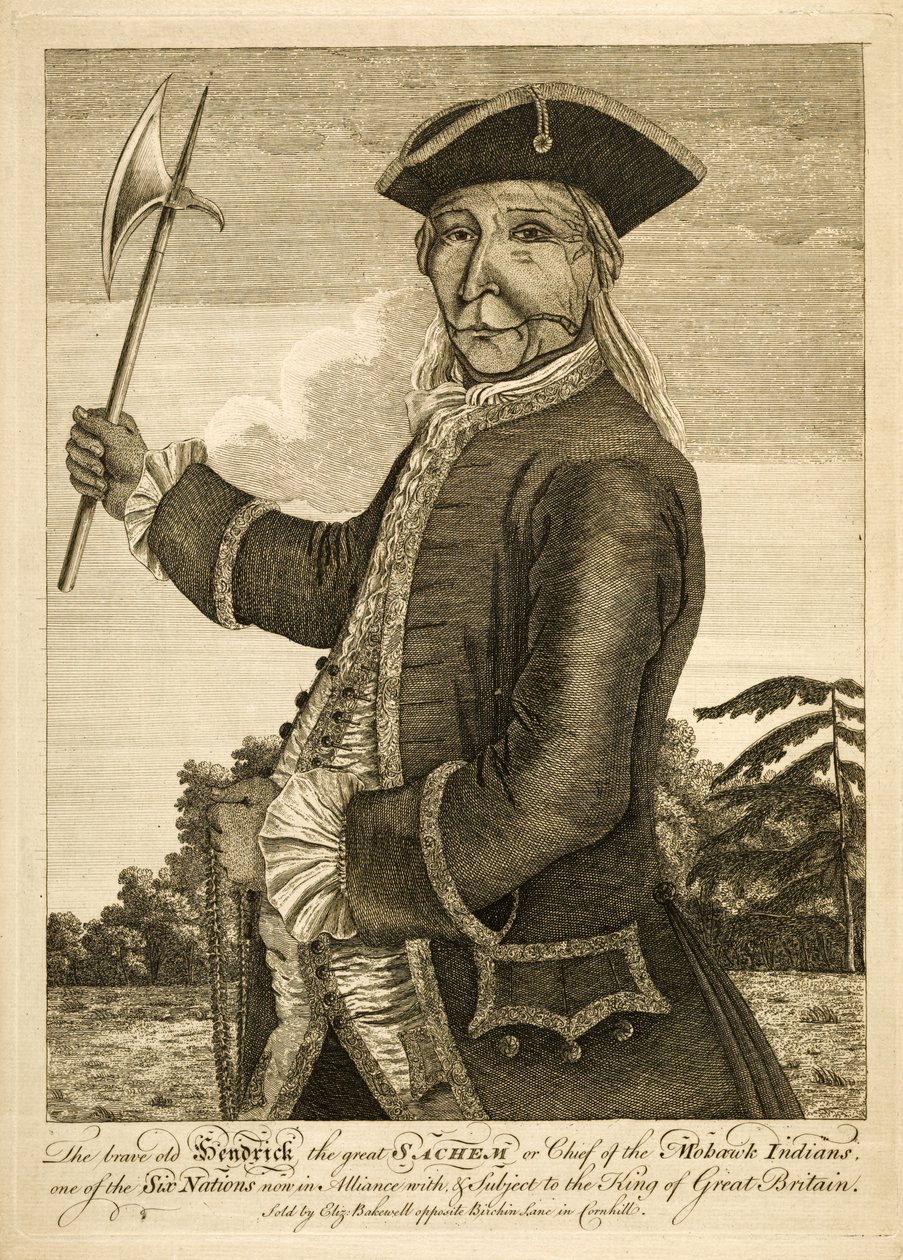 Den modige gamle Hendrick den store Sachem eller hövding för Mohawk-indianerna, pub. 1755 (gravyr) av English School