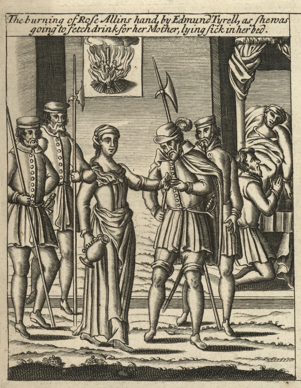 Bränningen av Rose Allins hand av Edmund Tyrell (gravyr) av English School