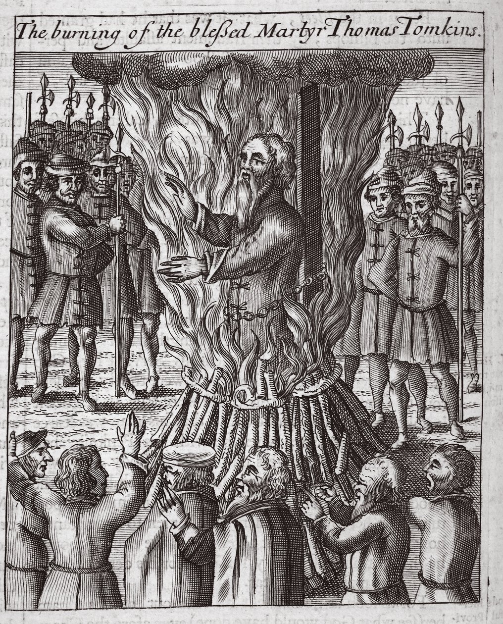 Bränningen av den välsignade martyren Thomas Tomkins, illustration från "Acts and Monuments" av John Foxe, nionde upplagan, publ. 1684 (litografi) av English School