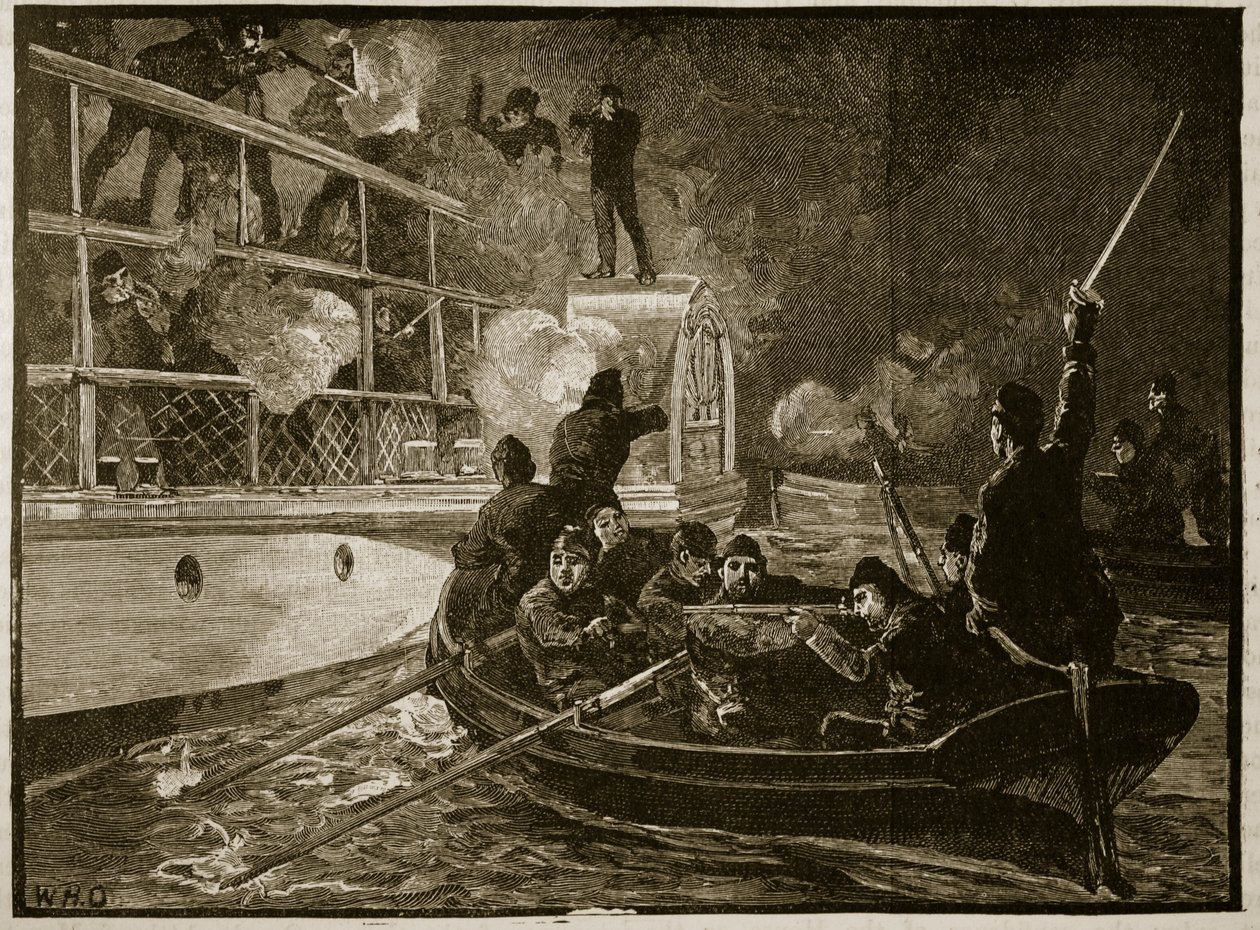Capture of the Caroline, 1837, illustration från Cassells Illustrated History of England (sepiafoto) av English School