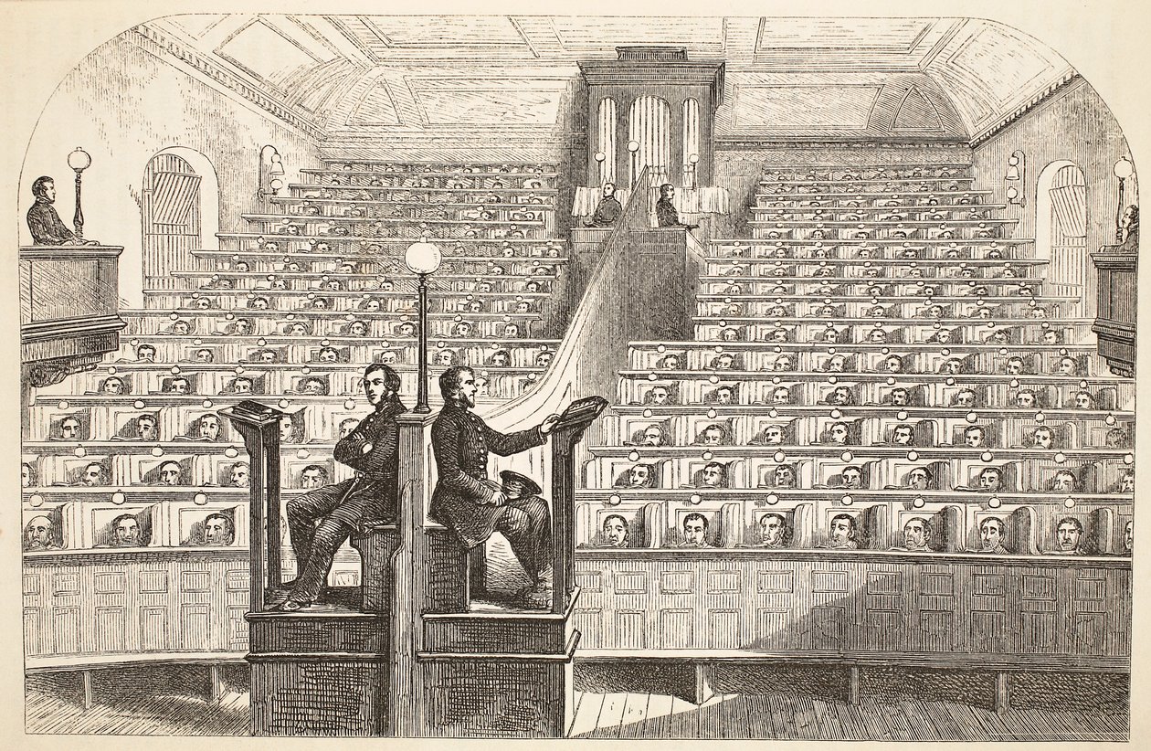 Kapellet, på det separata systemet, i Pentonville Prison, under gudstjänst, illustration från The Criminal Prisons of London och Scenes from Prison Life av Henry Mayhew och John Binny, pub. 1862 av English School