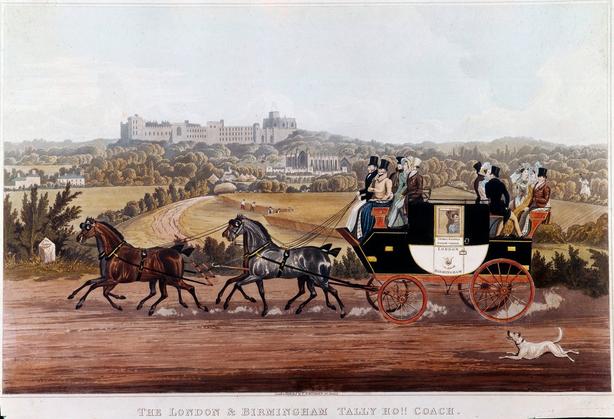 Tränaren (diligence) som förbinder Birmingham med London Litografi av den engelska skolan. 1800-talets privatsamling av English School