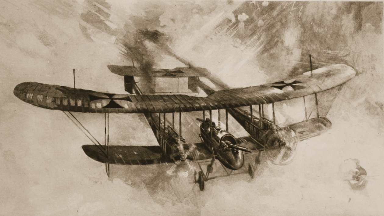 Det stora stridsflygplanets ankomst: det dubbelstora tyska biplanet som brittiska flygare har anlitat, från The Illustrated War News av English School
