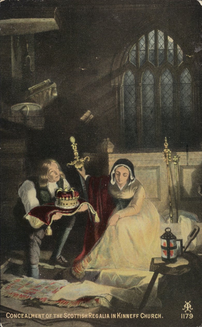 Gömmandet av de skotska regalierna i Kinneffkyrkan (färglitografi) av English School