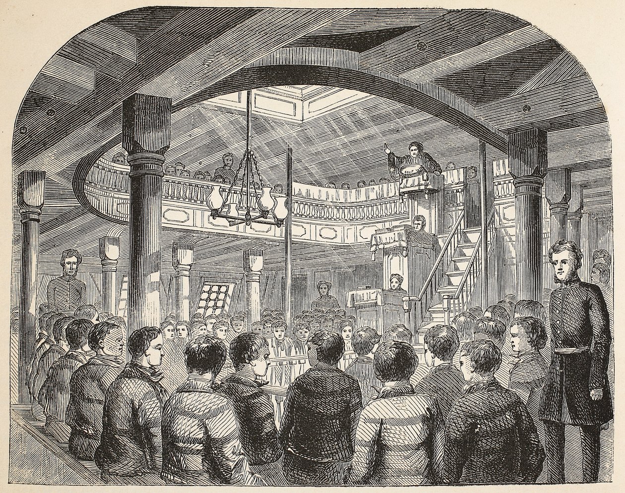 Fångskapellet ombord på Defense Hulk i Woolwich, illustration från The Criminal Prisons of London och Scenes from Prison Life av Henry Mayhew och John Binny, pub. 1862 av English School