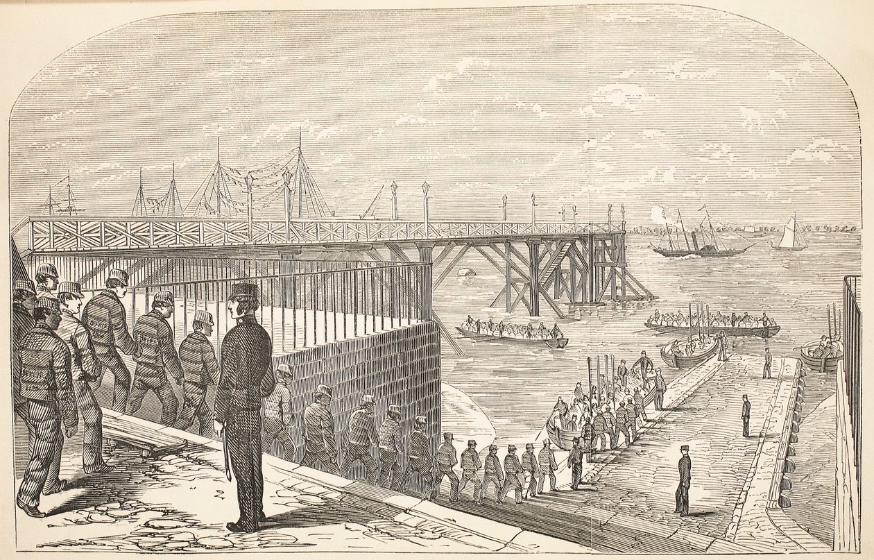 De dömda som återvänder till hulken från sitt arbete i Arsenalen, illustration från The Criminal Prisons of London och Scenes from Prison Life av Henry Mayhew och John Binny, pub. 1862 av English School