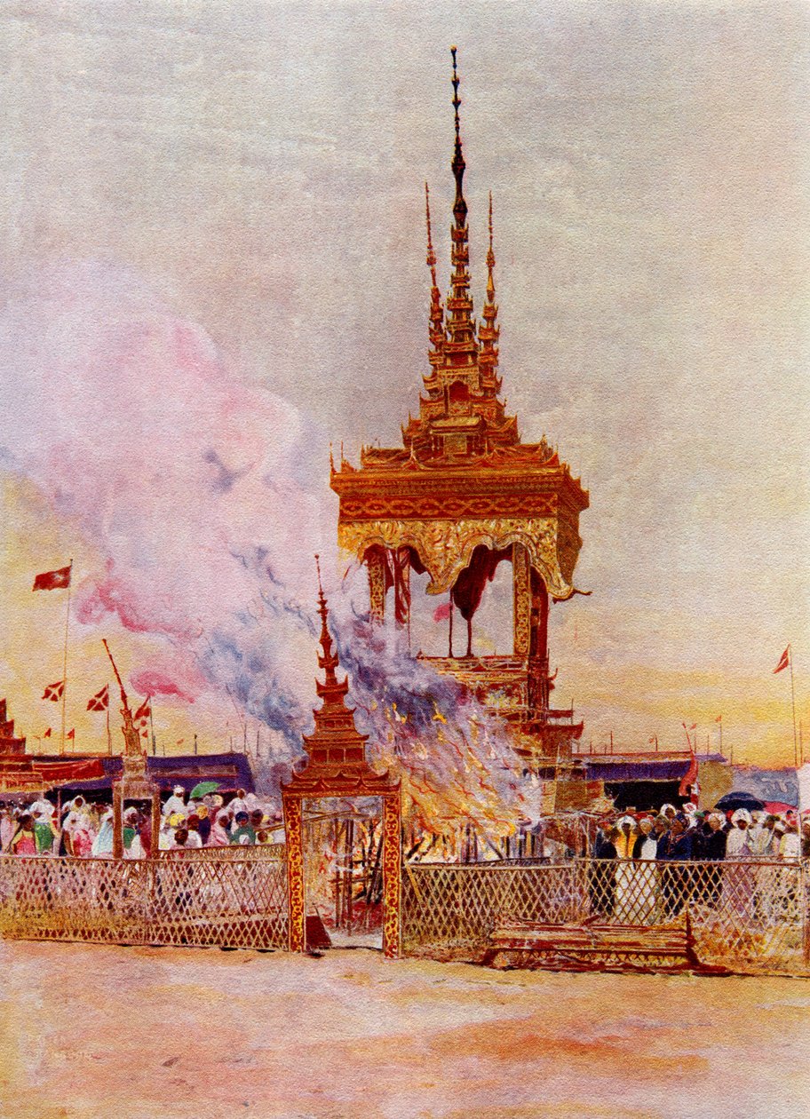 Kremering av en burmesisk munk eller Pongyi, från "Customs of The World", utgiven ca 1913 (tryck) av English School