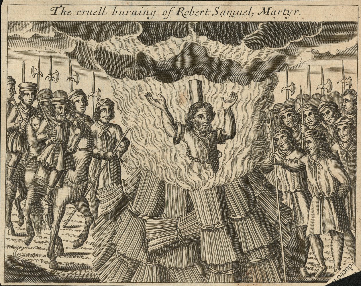 Den grymma bränningen av Robert Samuel, martyr (gravyr) av English School