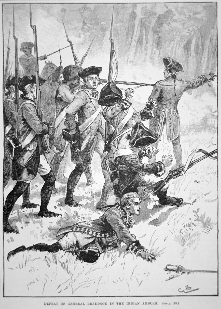 General Edward Braddocks nederlag och död i det indiska bakhållet (litho) av English School