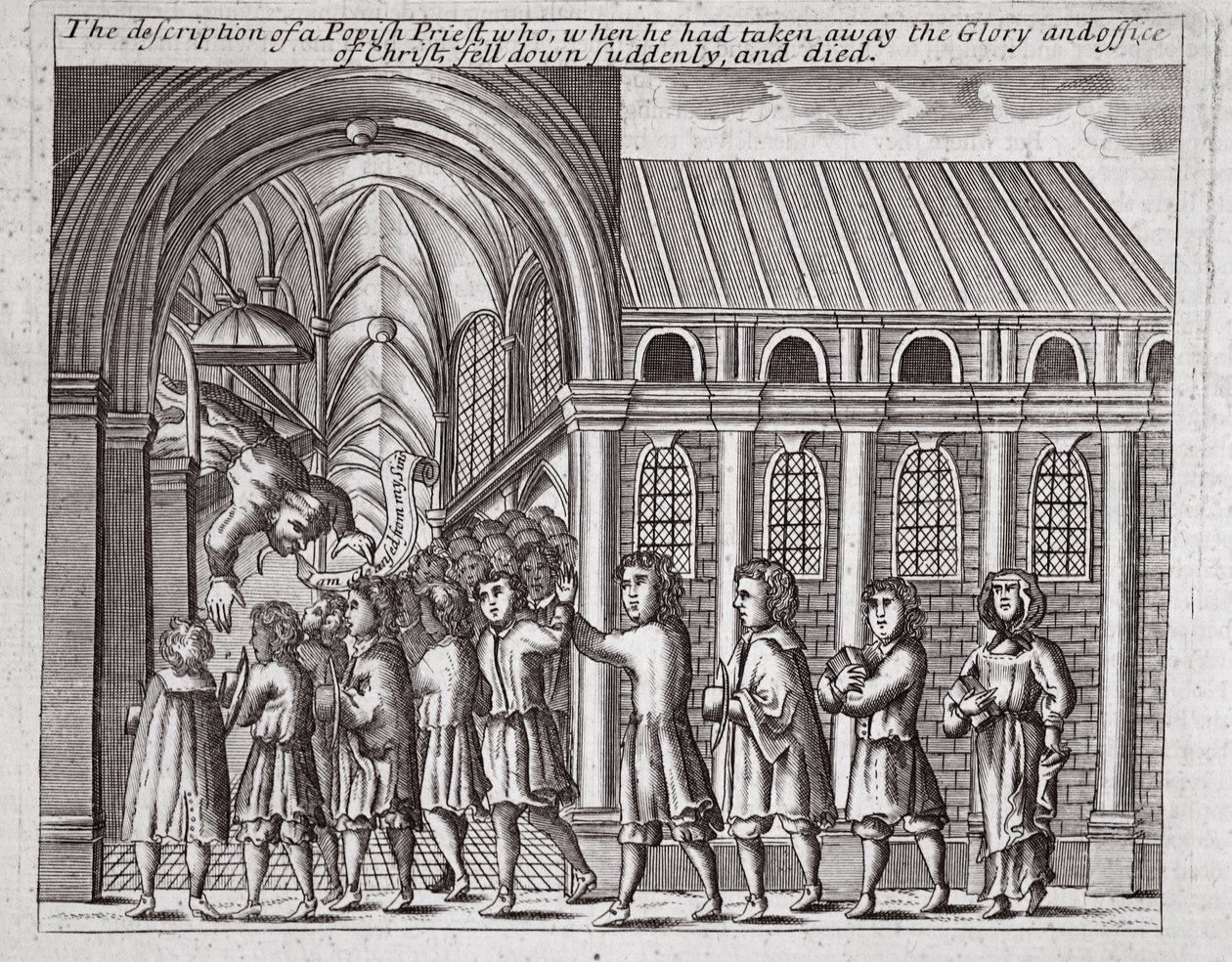 Beskrivningen av påvens präst som, när han hade tagit bort Kristi ära och ämbete, plötsligt föll ner och dog, illustration från Acts and Monuments av John Foxe, nionde upplagan, pub. 1684 (l av English School