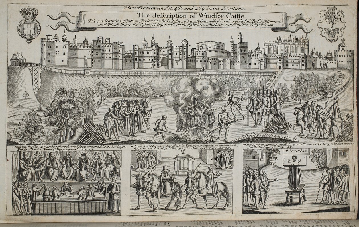 Beskrivningen av Windsor Castle, illustration från Acts and Monuments av John Foxe, nionde upplagan, pub. 1684 av English School