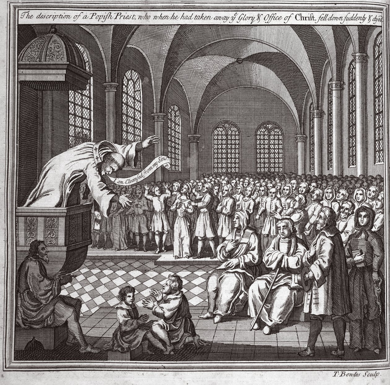 Beskrivningen av en påvlig präst, som när han hade tagit bort er ära och Kristi ämbete, plötsligt föll ner och dog, illustration från Foxes Martyrs c.1703 av English School
