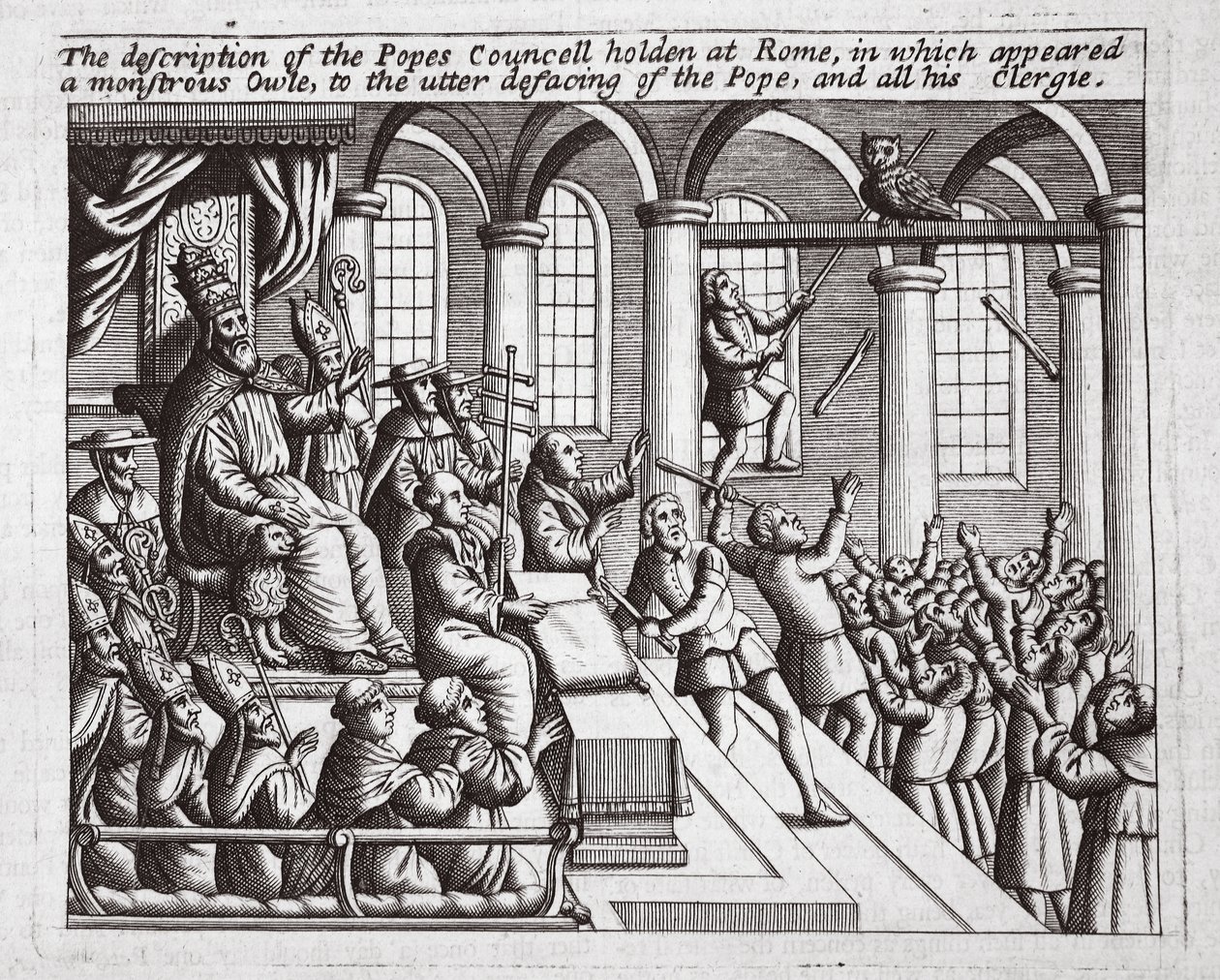 Beskrivningen av påvens råd som hölls i Rom, där en monstruös uggla uppträdde, till påvens och hela hans prästerskap fullständigt förnedrade, illustration från Acts and Monuments av John Foxe, nionde uppl. av English School