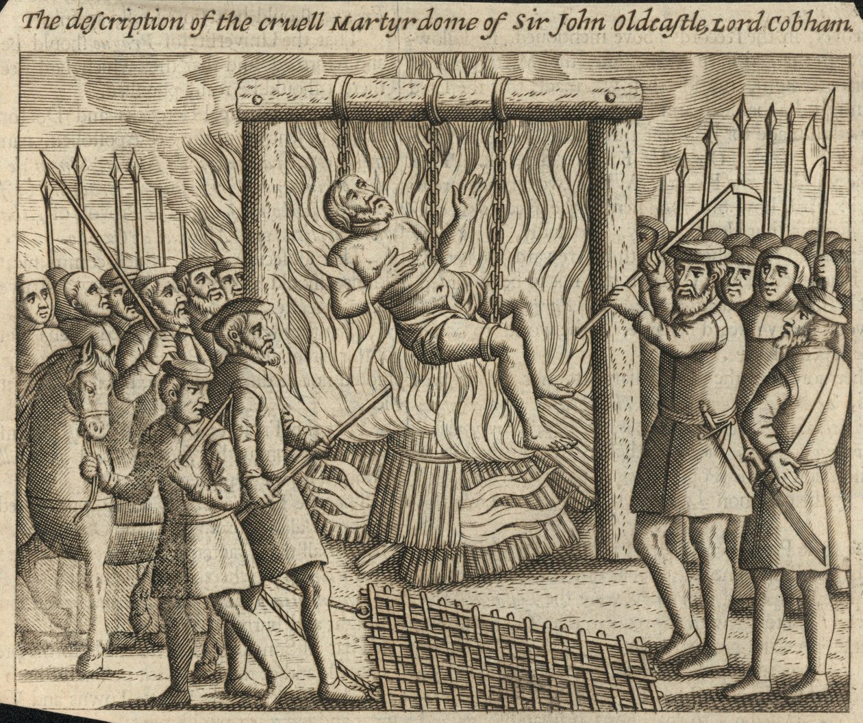Beskrivningen av Sir John Oldcastle, Lord Cobhams, grymma martyrskap (gravyr) av English School
