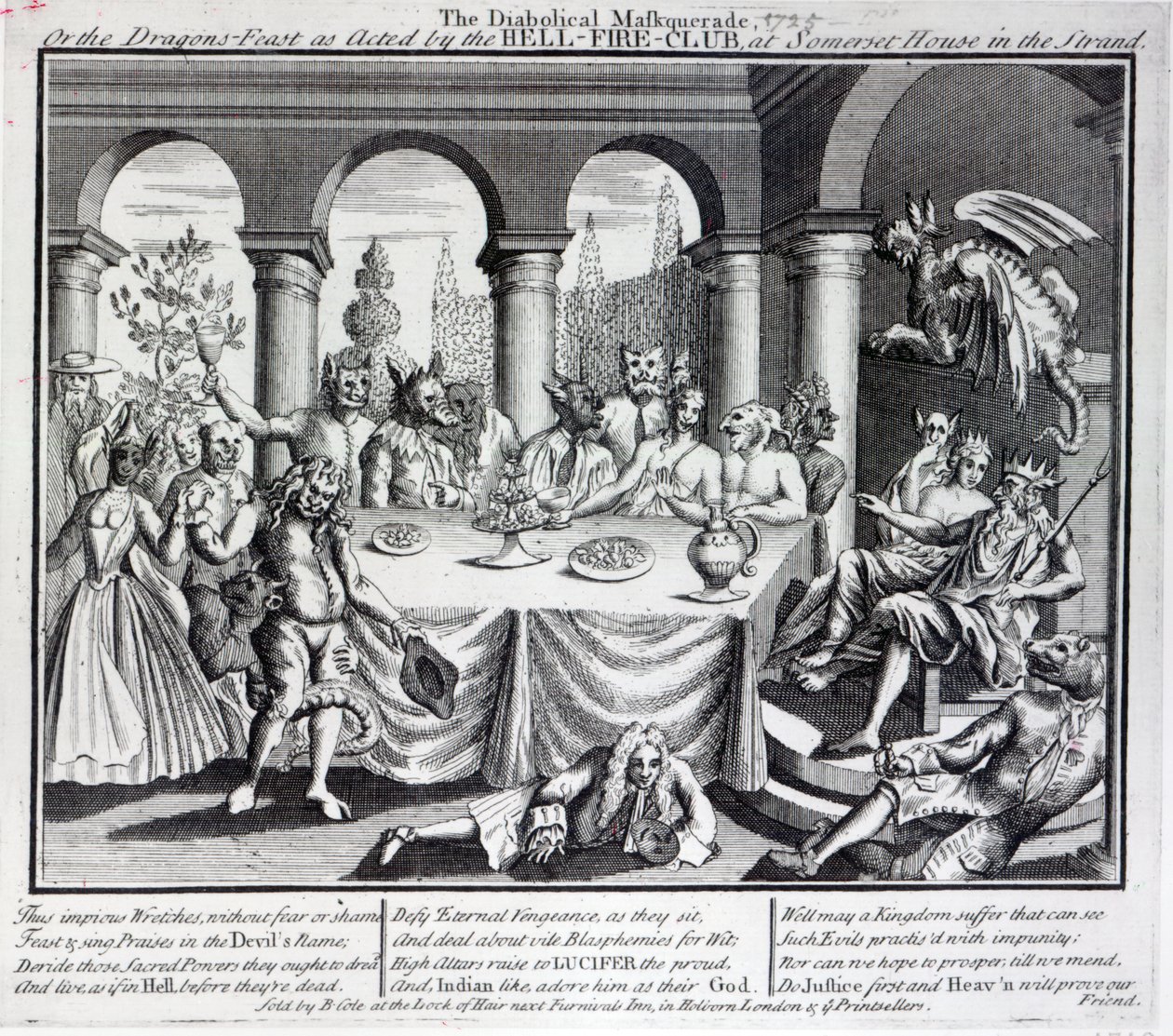 Den djävulska maskeraden, eller drakfesten som agerad av Hell-Fire-Club, i Somerset House i Strand, ca 1721 av English School