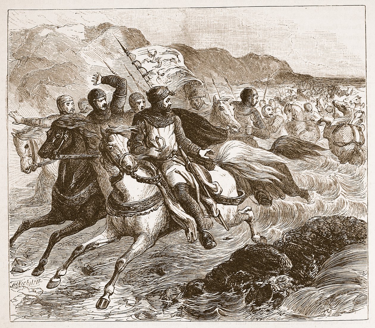 Katastrofen för Johns armé vid tvätten, illustration från Cassells Illustrated History of England (sepiafoto) av English School