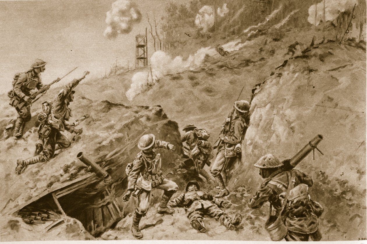 De fruktansvärda håligheterna som ledde till Oppy Wood, brittiska bombplan som arbetade längs de tyska skyttegravarna, 1914-19 av English School