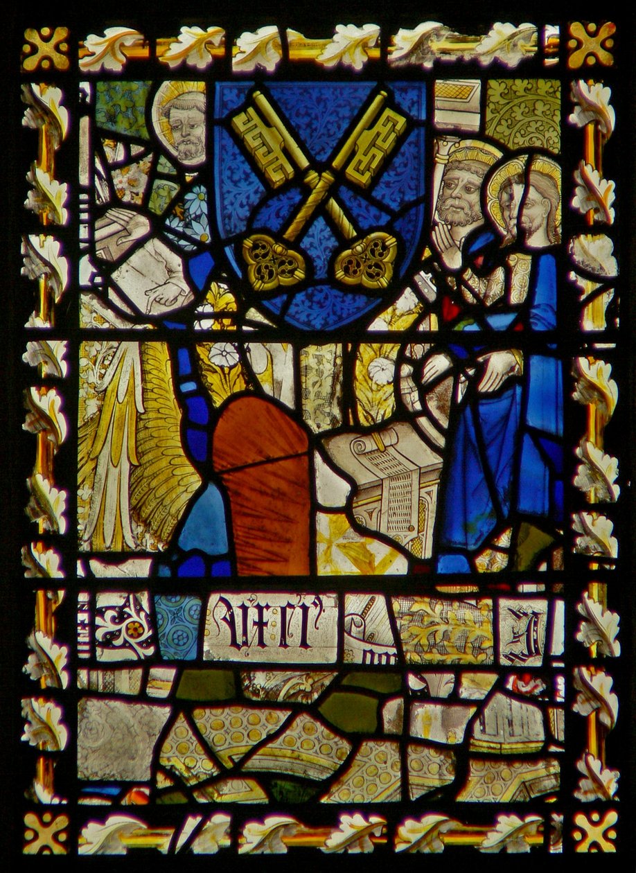Östra fönstret som visar St John, St Peter at the Gate, sköld med en symbol för St Peter av English School