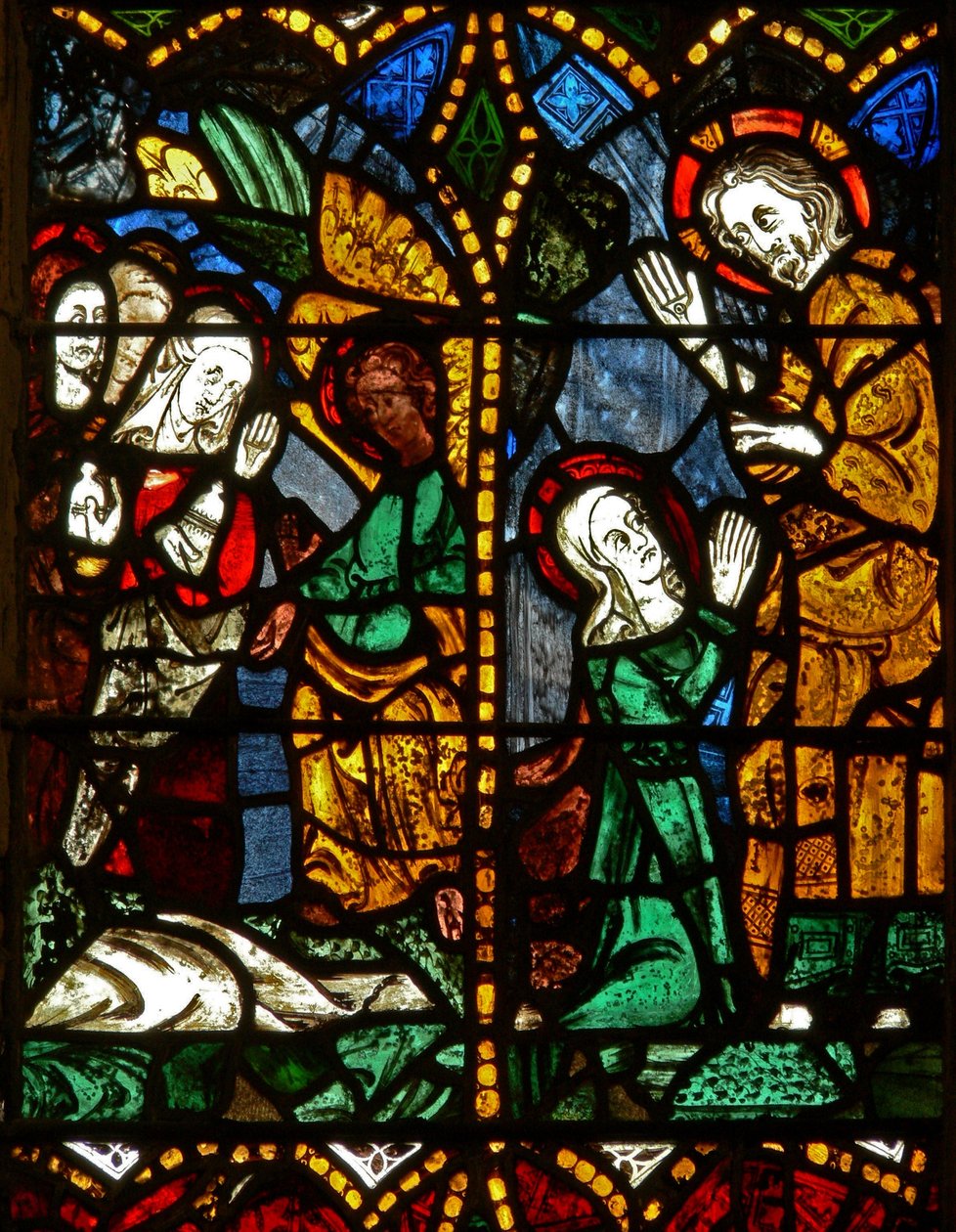 Östra fönstret som visar en uppståndelsescen: de heliga kvinnorna vid graven; Maria Magdalena med Kristus? av English School