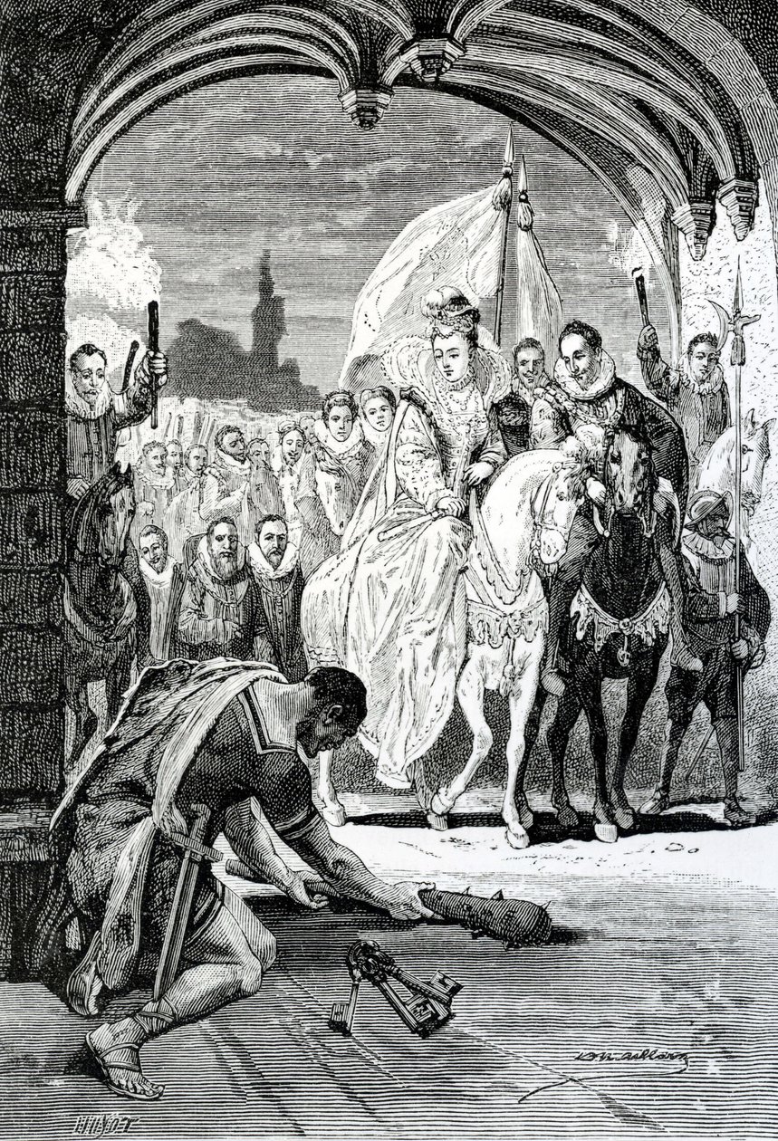 Drottning Elizabeths entré vid Kenilworth Castle, 1800-talet av English School