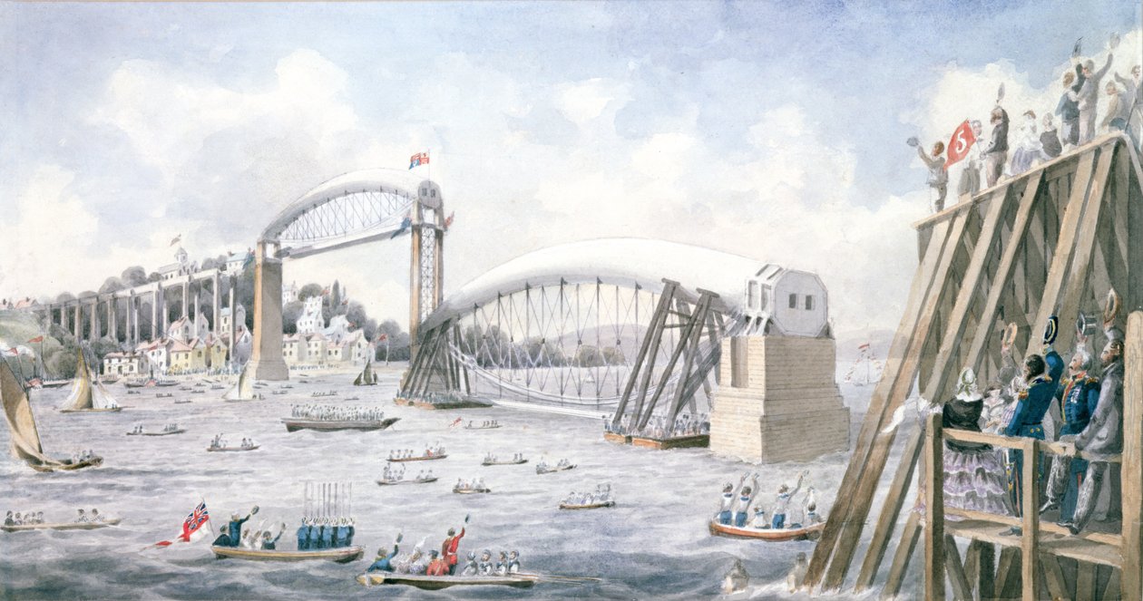 Flytningen av det sista spannet av Royal Albert Bridge, Saltash (wc på papper) av English School