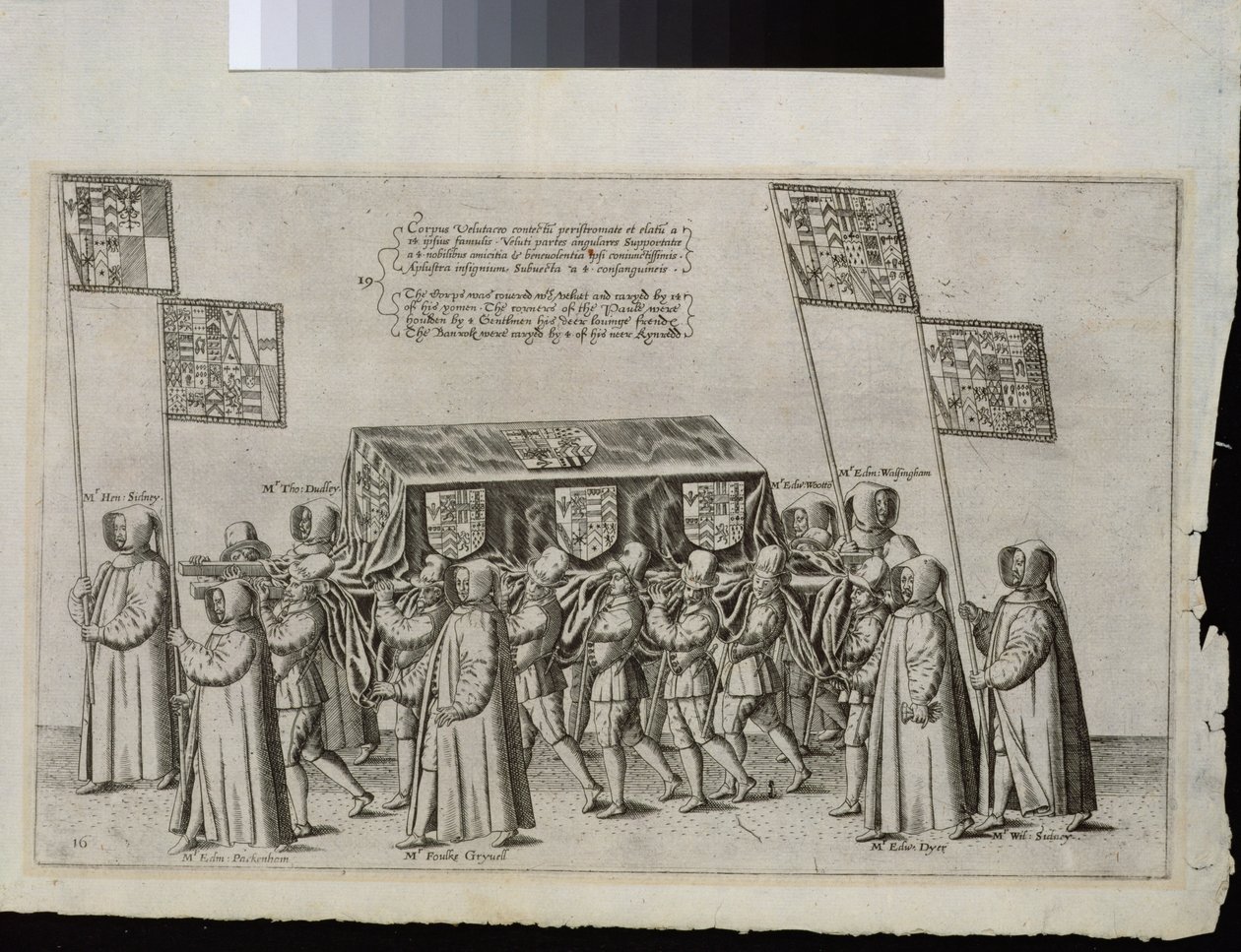 Sir Philip Sidneys (1554-1586) begravningscortege på väg till St. Pauls Cathedral, 1587, graverad av Theodor de Bry (1528-1598) av English School