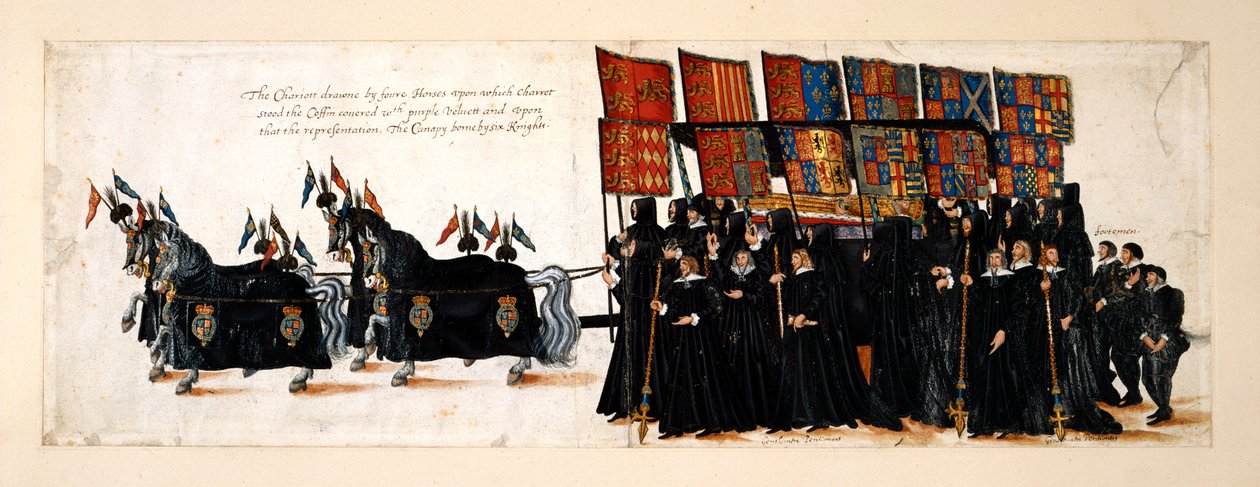 Drottning Elizabeth I:s begravningståg till Westminster Abbey, 28 april 1603. Vagnen dras av fyra hästar. Kistan är täckt av lila sammet som ligger en bild av drottningen. Baldakinen är född av sex riddare, med Gentlemen Pensionärer av English School