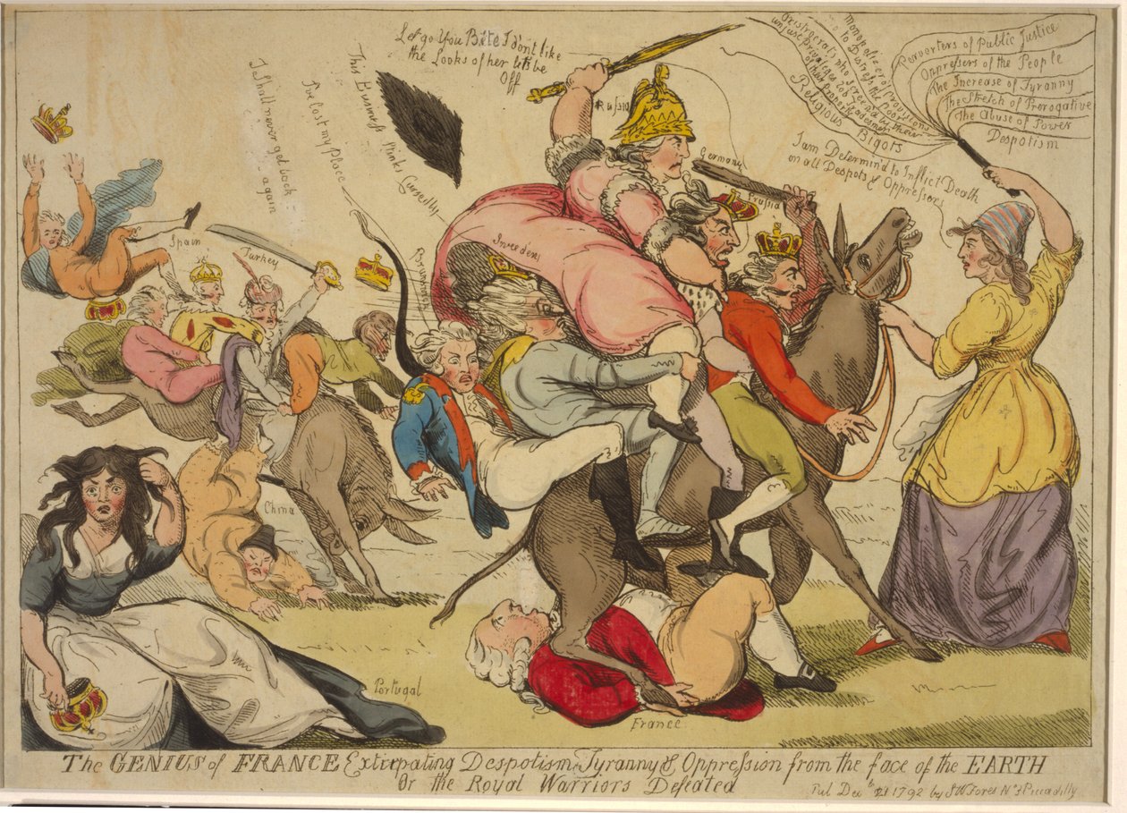 Frankrikes geni som utrotade despotism, tyranni och förtryck från jordens yta, eller de kungliga krigarna besegrade, 1792 (handfärgad etsning) av English School