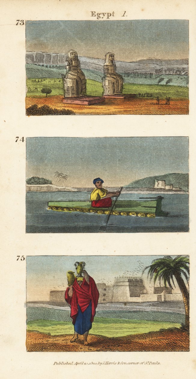 De stora ruinerna av Memnon-kolosserna i Luxor i södra Egypten 73, en flotta av lergodskrukor på Nilen 74 och kvinnor som bär vattenkannor på huvudet 74 av English School