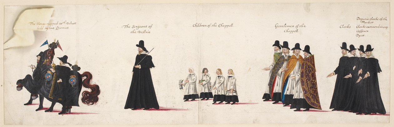 Hästen instängd med sammet, ledd av två ryttare; sergeanten av Vestrie; Barn av det kungliga kapellet. Del av drottning Elizabeth I:s begravningståg till Westminster Abbey, 28 april 1603. av English School