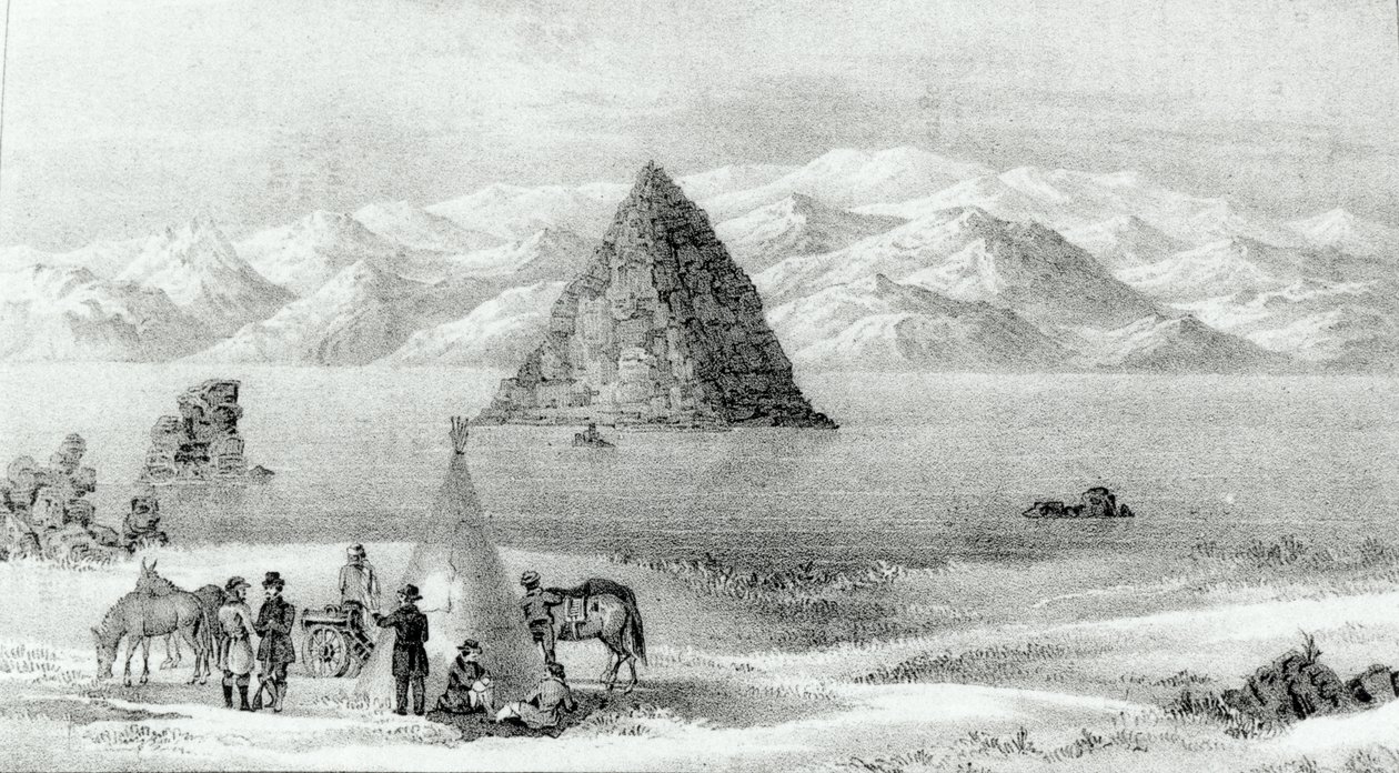 Haubitsen vid Pyramid Lake i januari 1844, från Report of the Exploring Expedition to the Rocky Mountains 1842 och till Oregon och North Carolina 1843-44 av John C. Fremont, publicerad 1845 (literad av English School