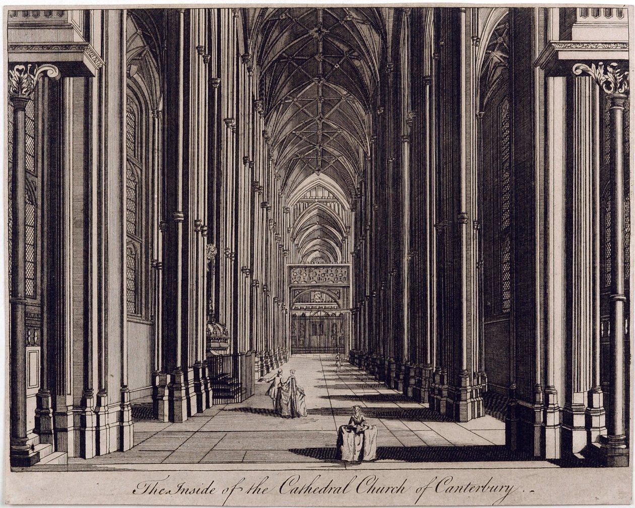 Insidan av Cathedral Church of Canterbury", med utsikt över långhuset, från västra änden, ca 1700-43 av English School