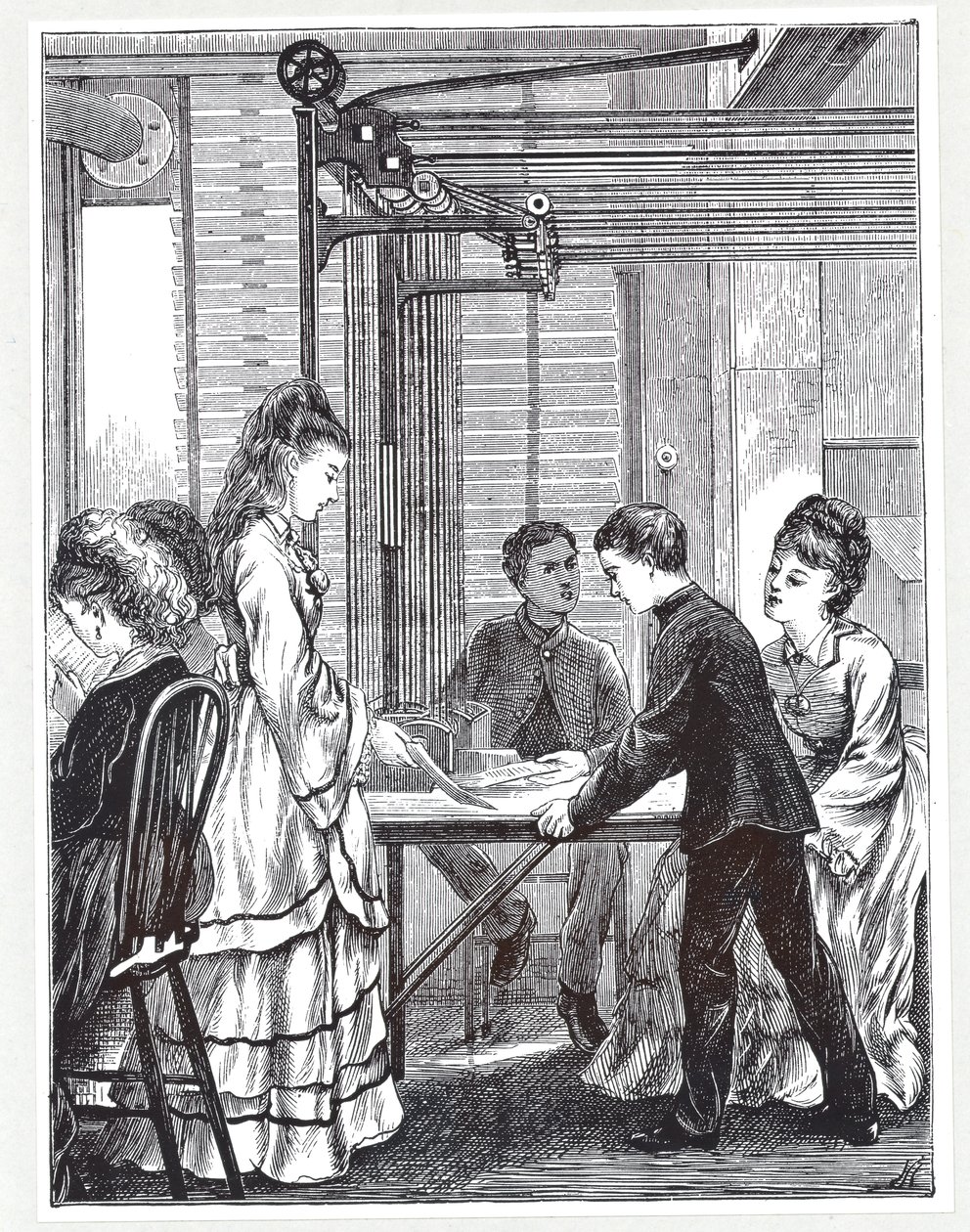 Instrumenten för att bära meddelanden vid Post Office Telegraph Headquarters, Telegraph Street, London, från The Graphic, 1871 av English School