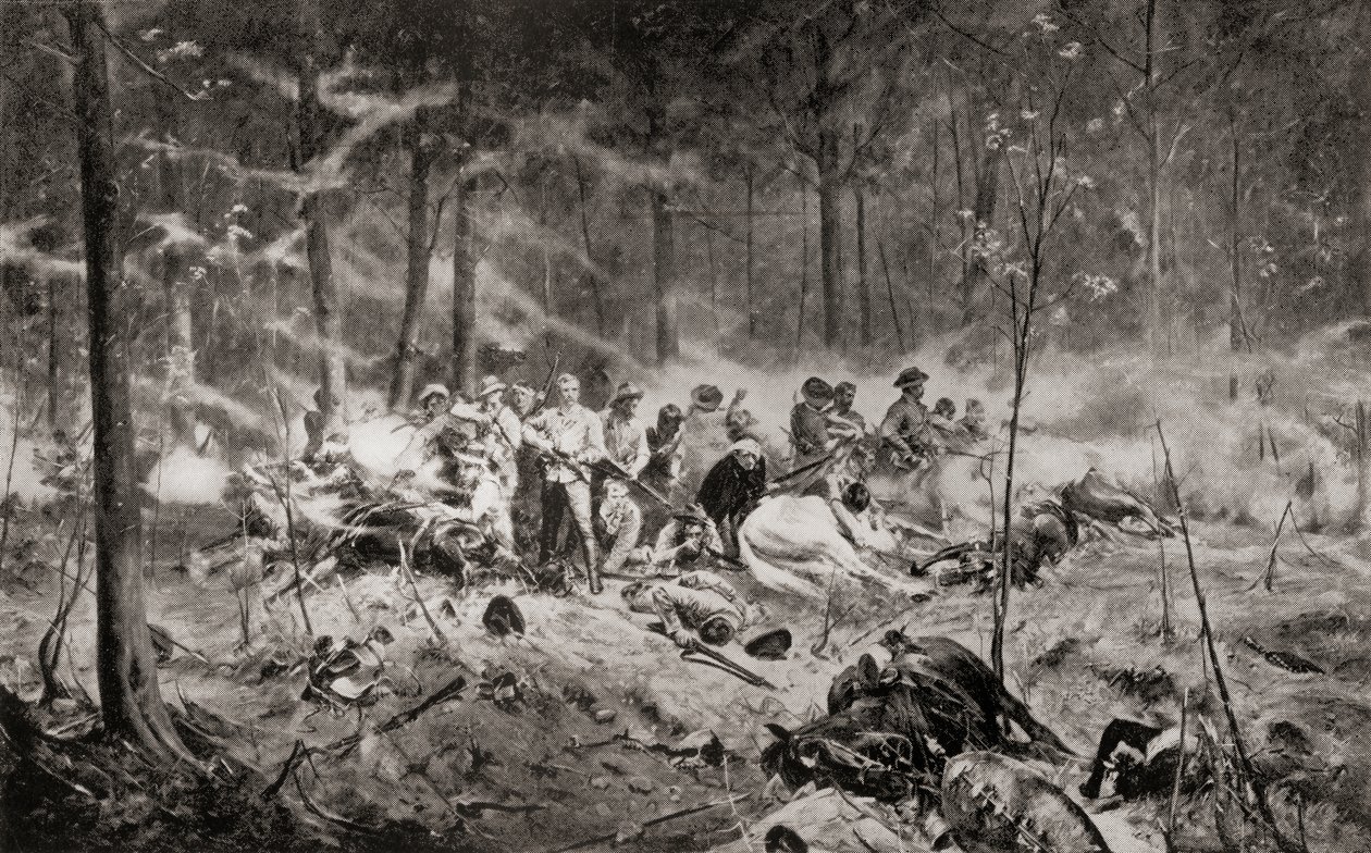 Major Allan Wilsons sista stånd vid Shanganifloden, Matabeleland, under första Matabelekriget 1893, efter målningen av Allan Stewart, från 