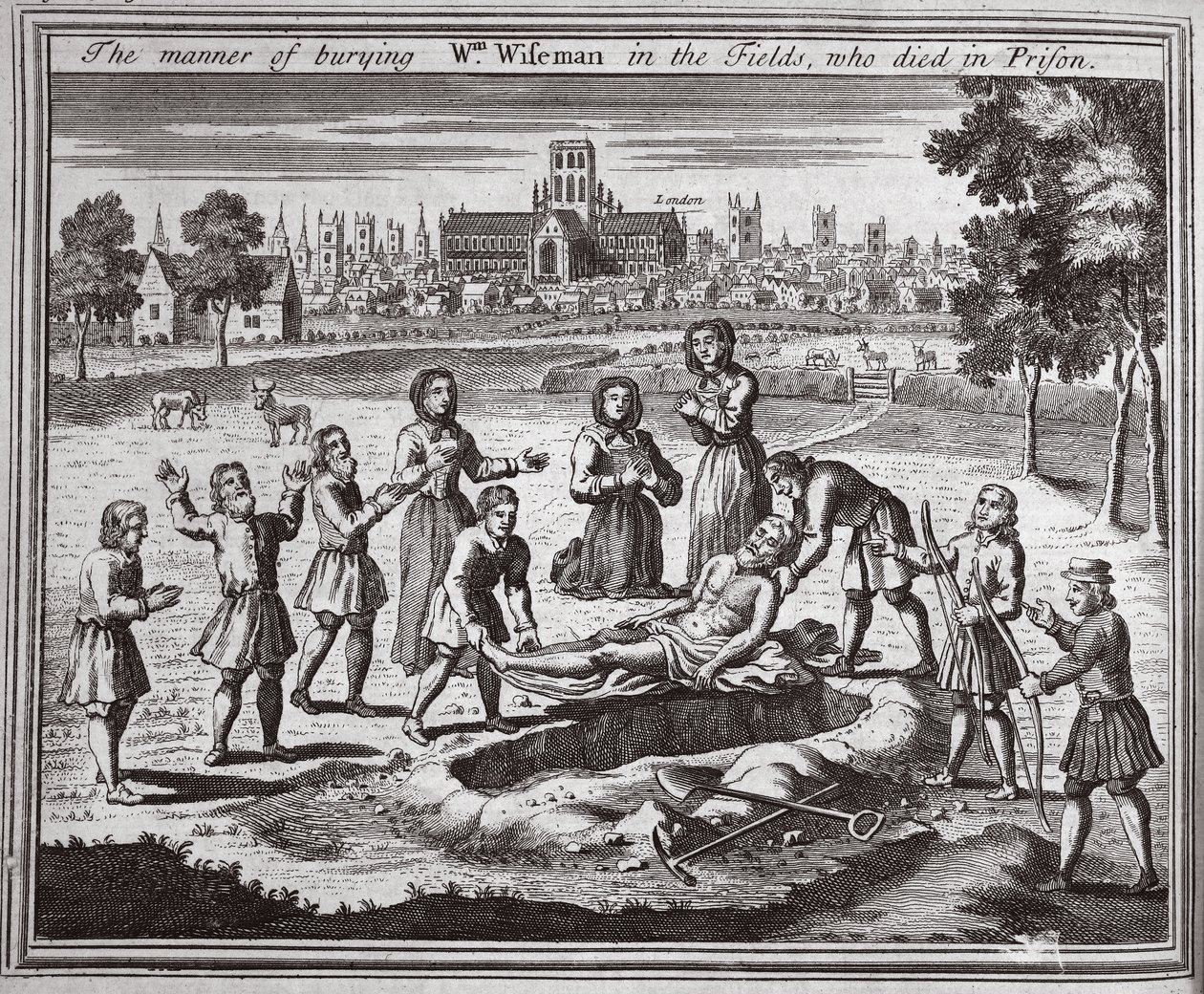 Sättet att begrava Wm Wiseman på fälten, som dog i fängelset, illustration från Foxes Martyrs c.1703 av English School
