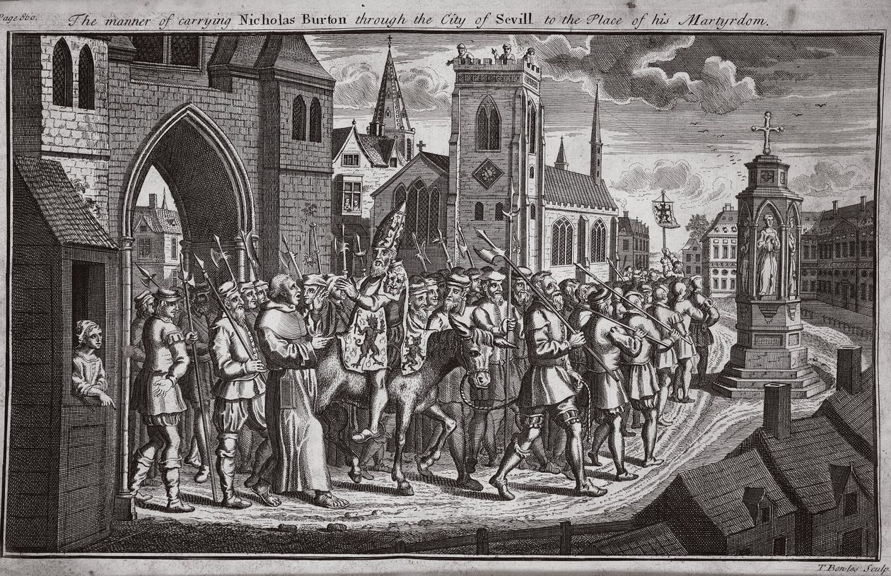 Sättet att bära Nicholas Burton genom staden Sevill till platsen för hans martyrskap, illustration från Foxes Martyrs c.1703 av English School